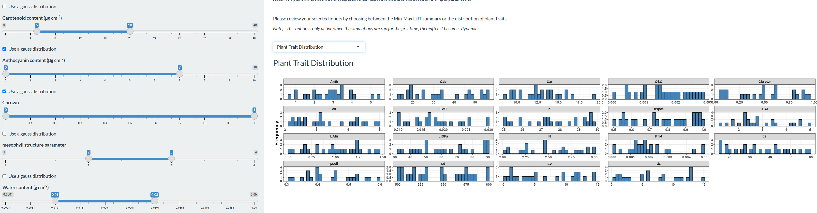 Apps/LUTs tab: sampled distribution of every leaf and canopy trait shown as histograms before running the simulations