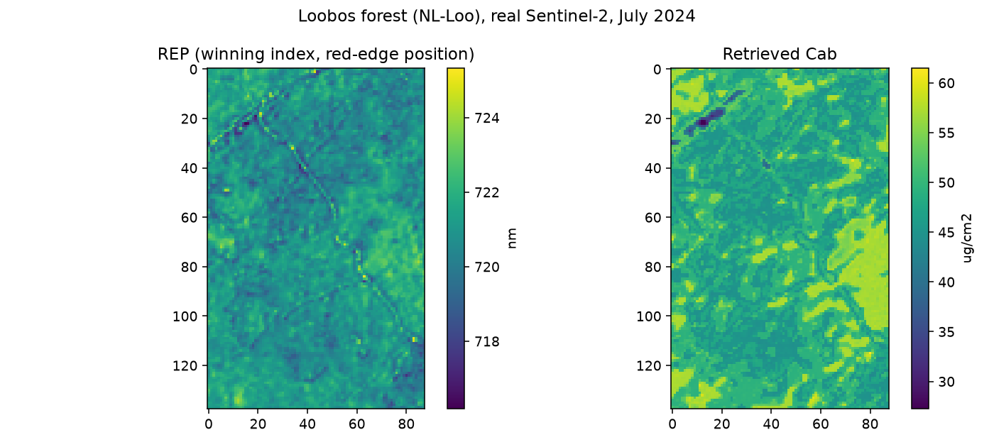 REP index map and retrieved Cab map over the real Loobos Sentinel-2 scene